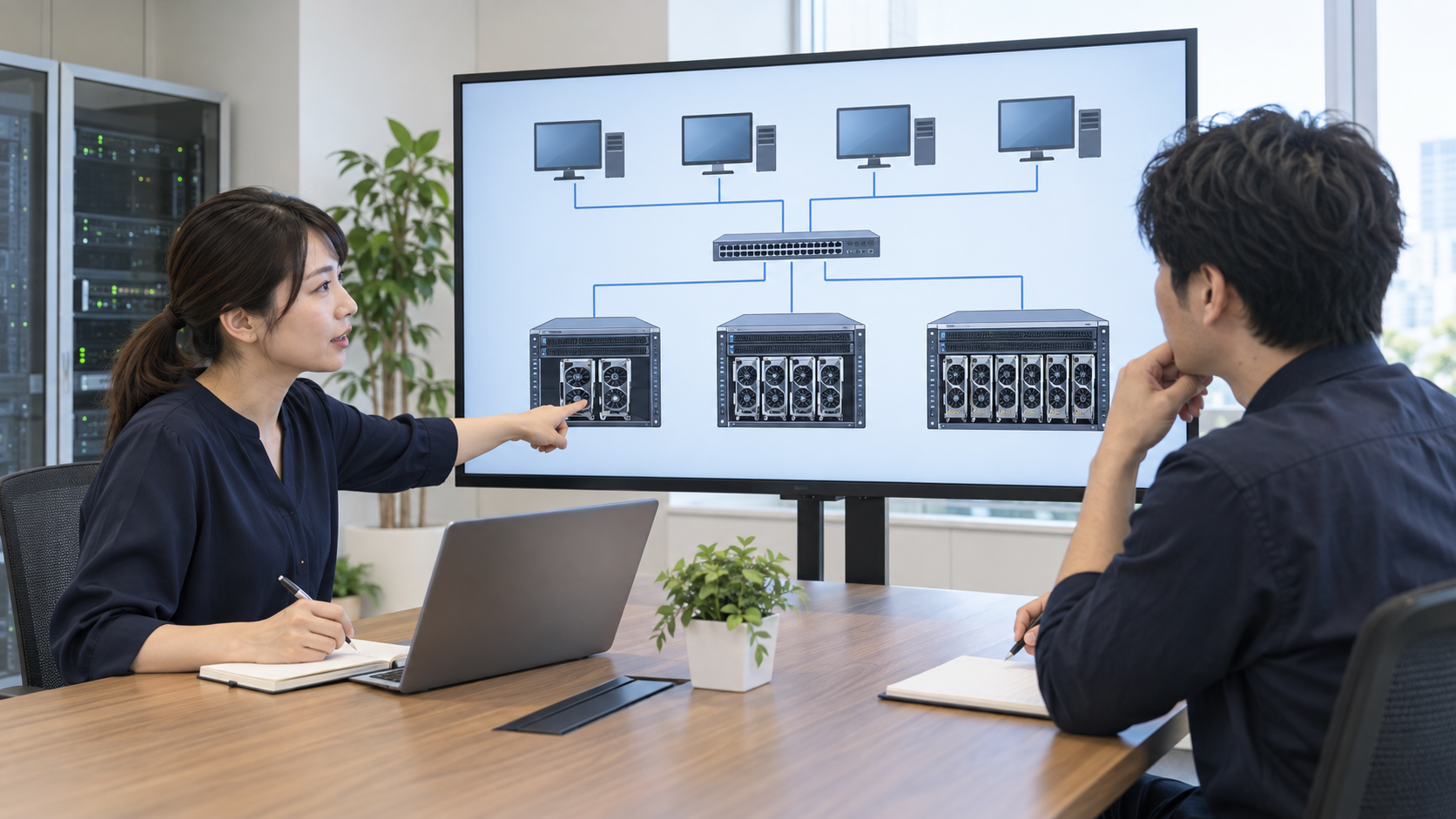 Engineers reviewing GPU count, server count, and network topology for a local LLM deployment