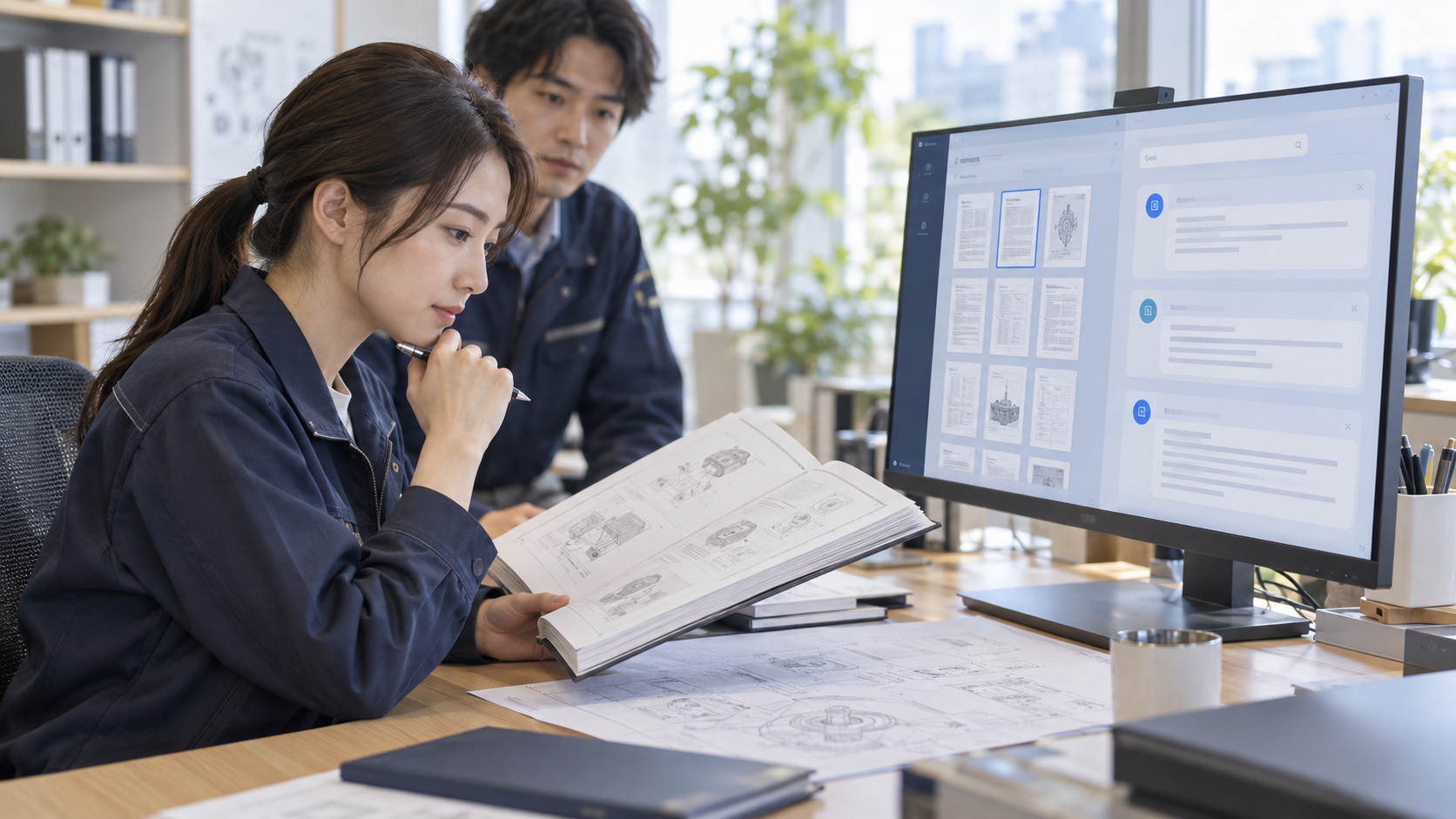 Staff member cross-referencing technical documents with a document search interface